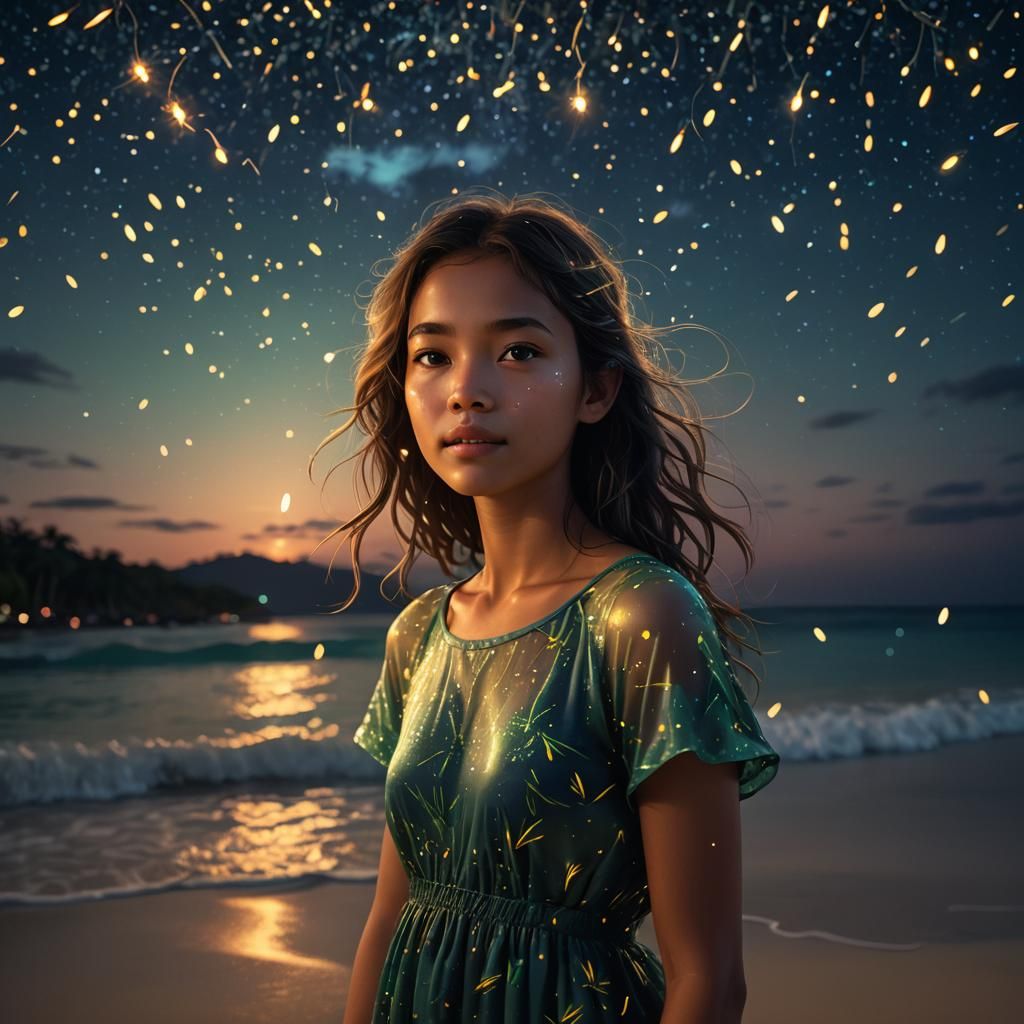 Firefly Girl on Tropical Beach: 3D Render