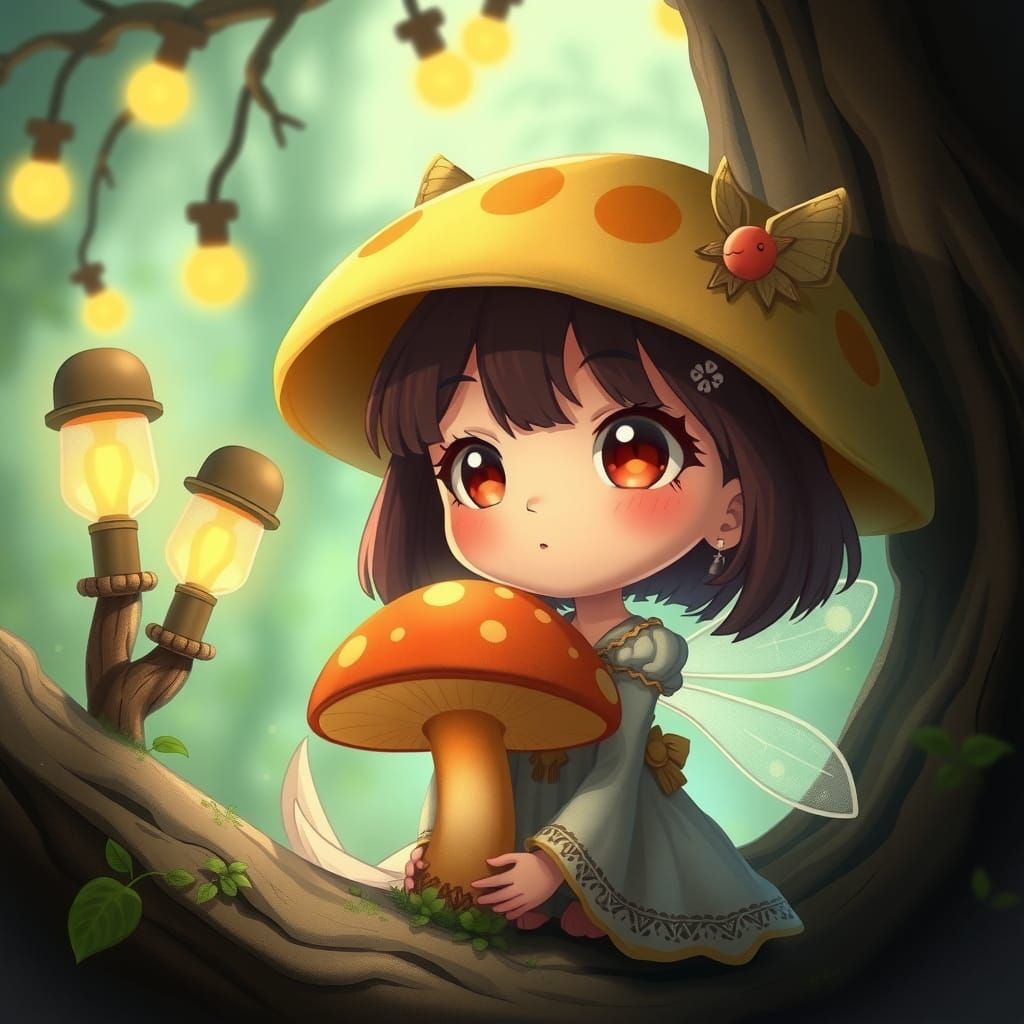 Cartoon Girl with Mushroom in Fantasy Art Style