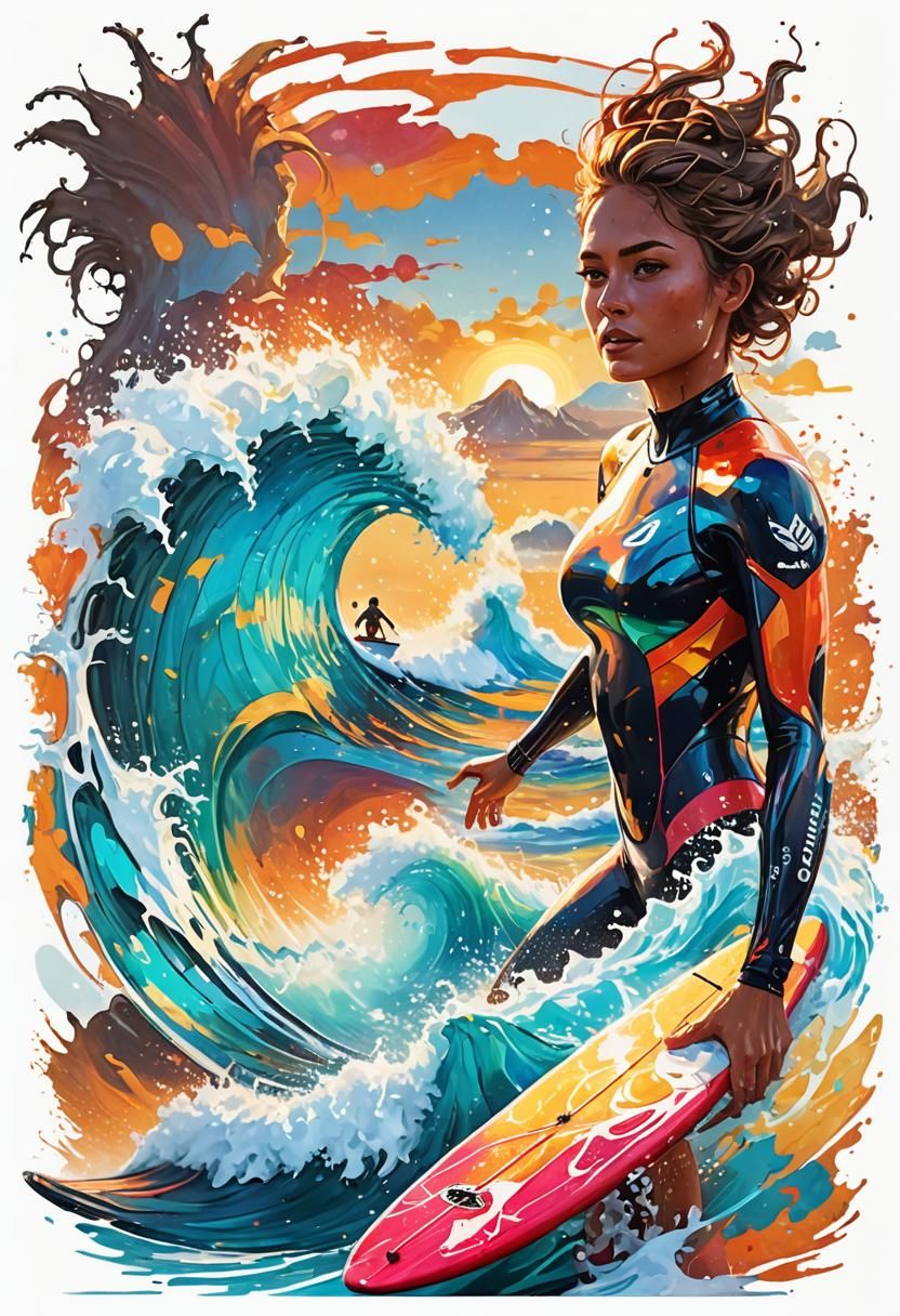 Surfer Girl Rides Bioluminescent Wave: Realistic Oil Paintin...