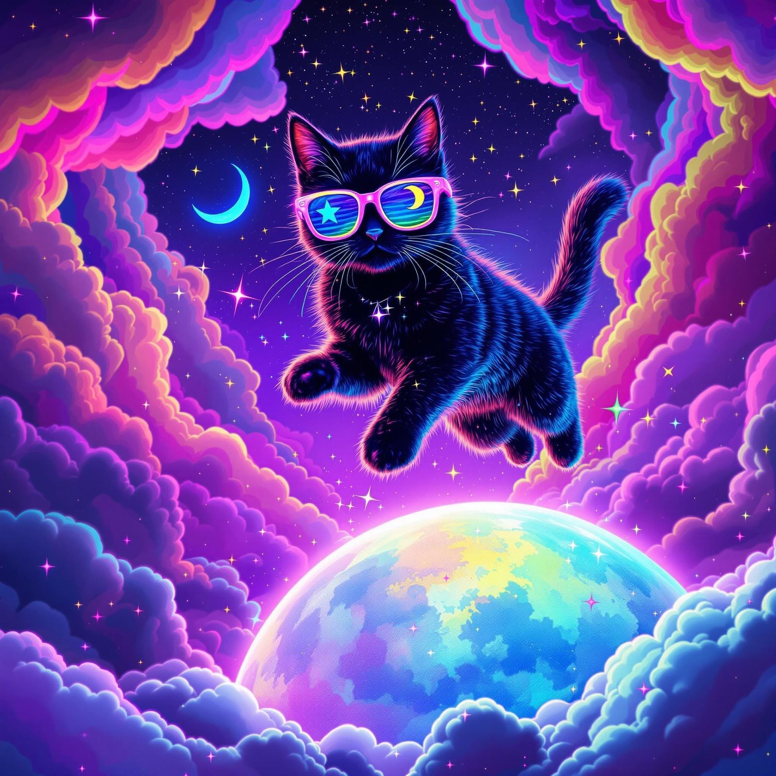 Rainbow Cat Jumps Over the Moon in Vaporwave Style