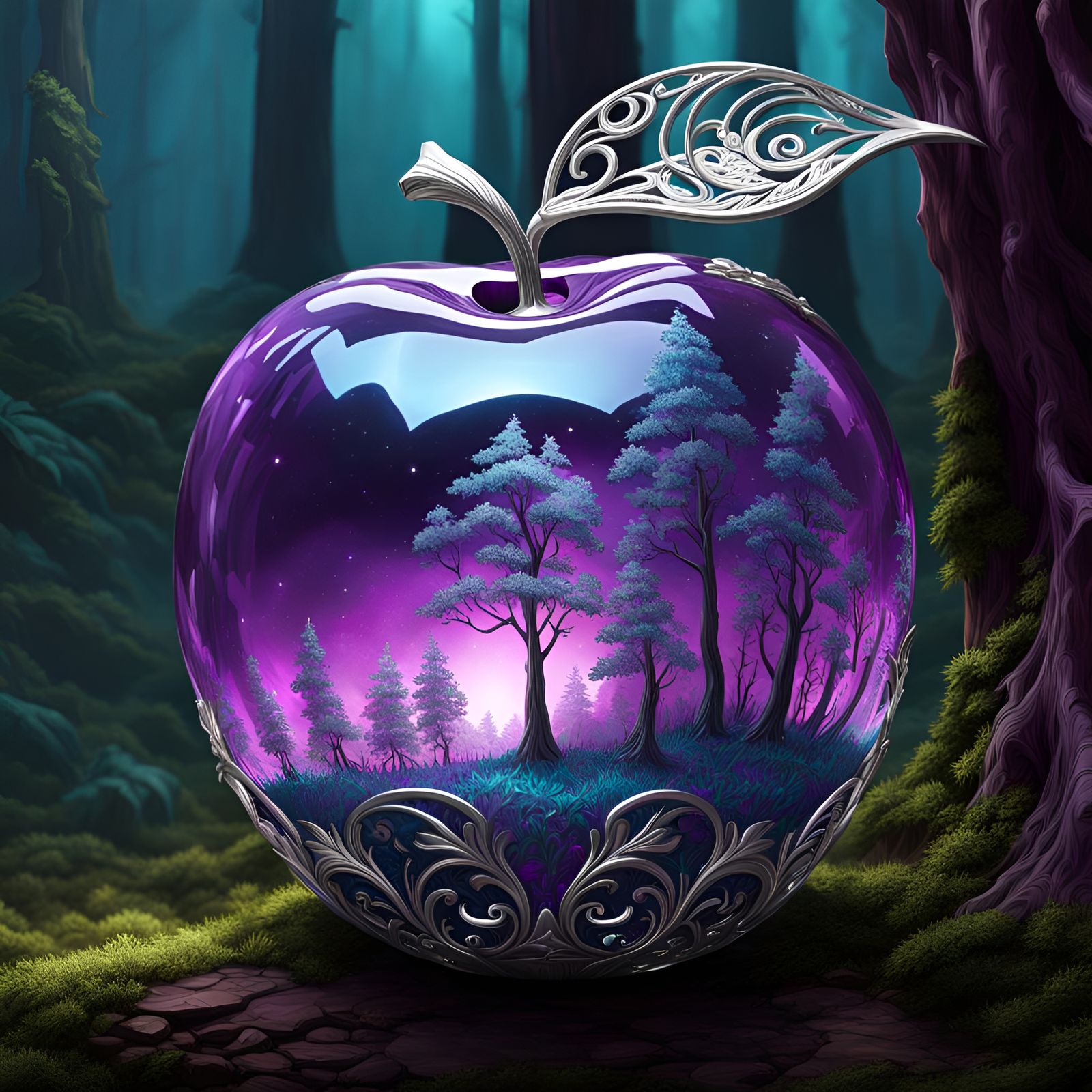 Crystal Apple Shines in Purple Forest Light