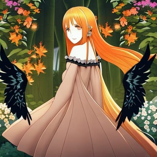 Anime Saint with Bird in Fantasy Flower Garden