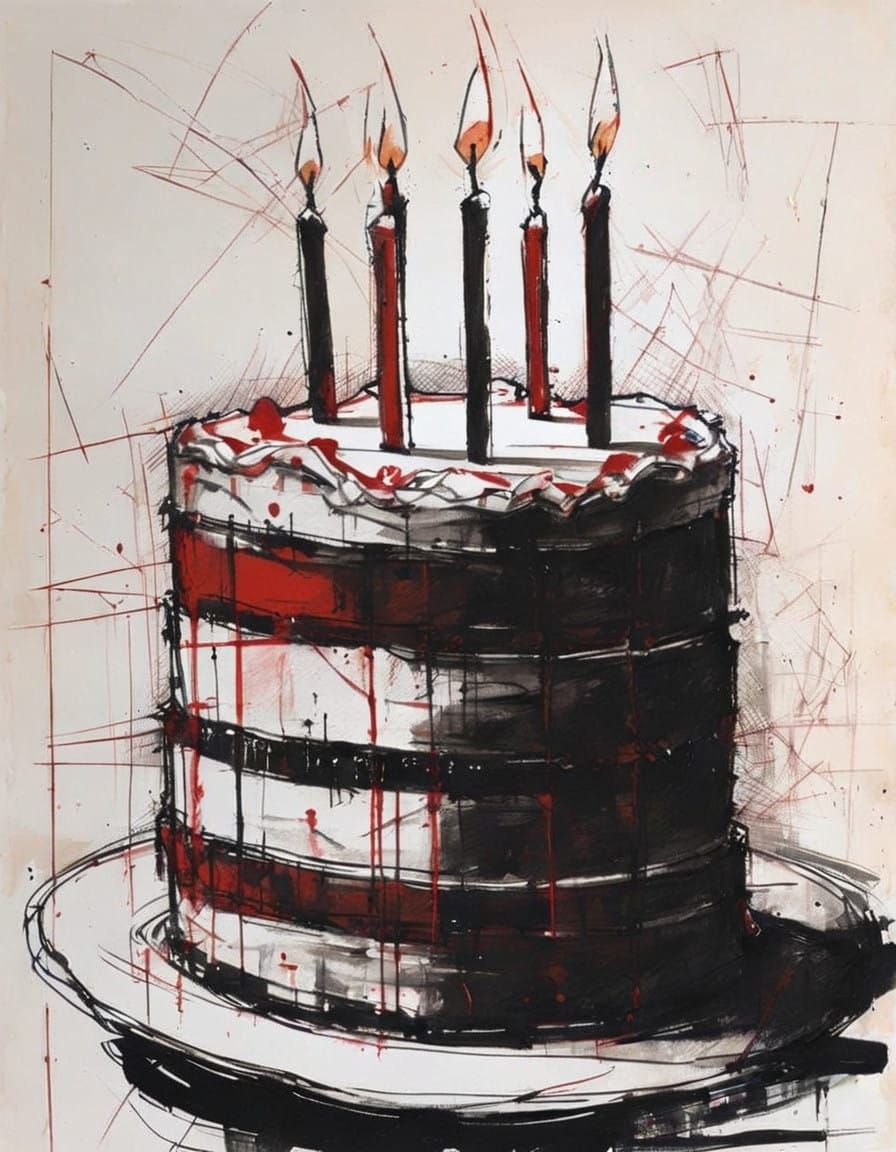 Impressionist Birthday Cake Sketch in Ink and Crosshatching