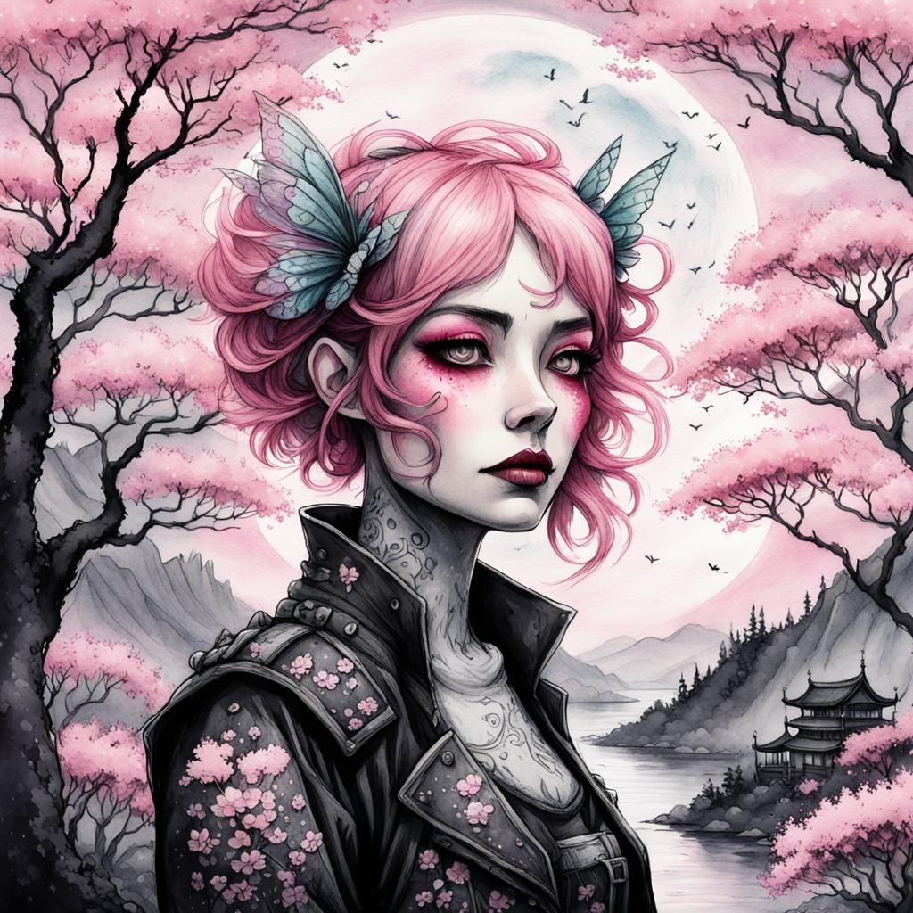 A cherry blossom fairy Wearing punk clothes With a Japanese ...