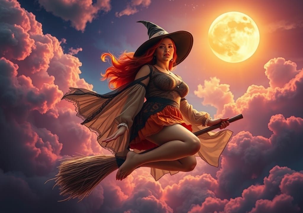 Plus-Size Witch Soaring Through Stormy Sky
