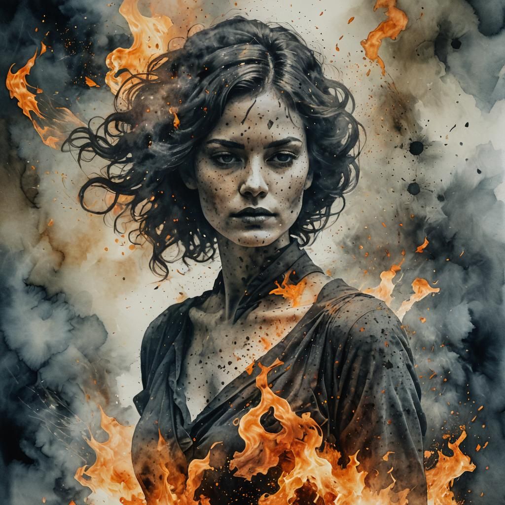 Sinister Fire Silhouette in Watercolor Double Exposure