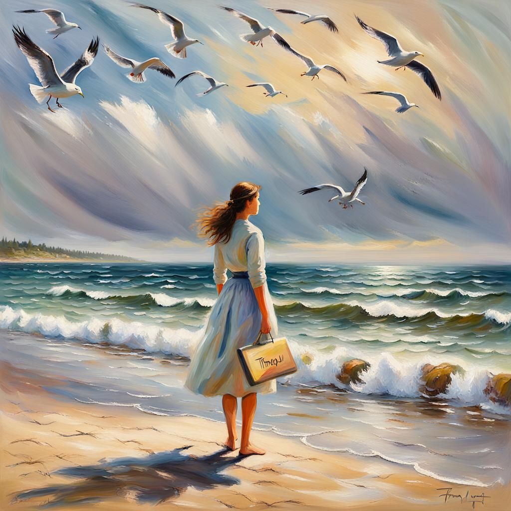 Girl on Beach with Board: Impressionist Painting