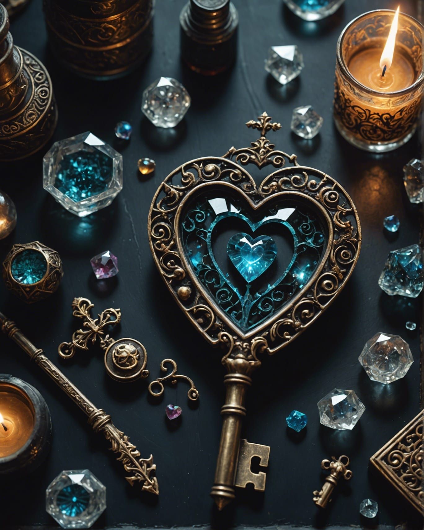 Crystallized Heart Key in Dark Fantasy Style