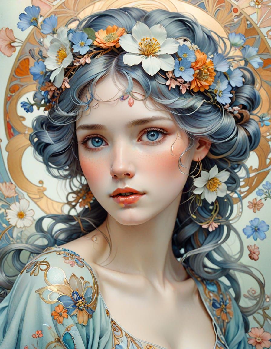 Art Nouveau Woman with Flowers in Hair Watercolor Portrait