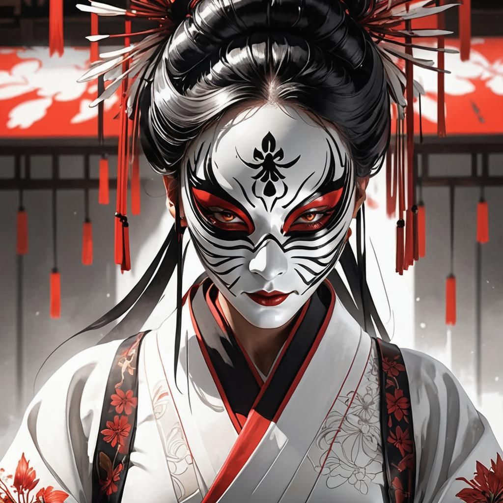 Woman in Mask with Spider Lilies, Hyperdetailed Portrait