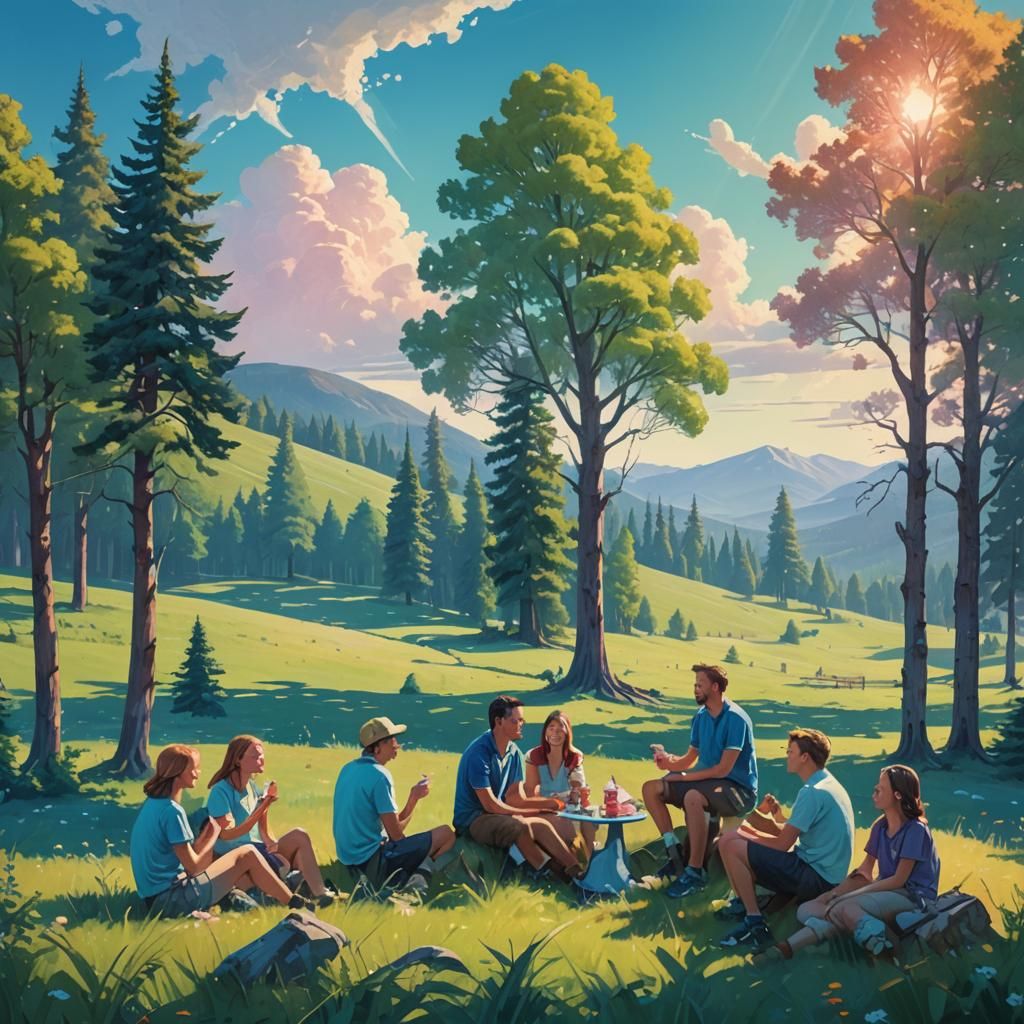 Friends Enjoying Ice Cream in a Fantasy Landscape