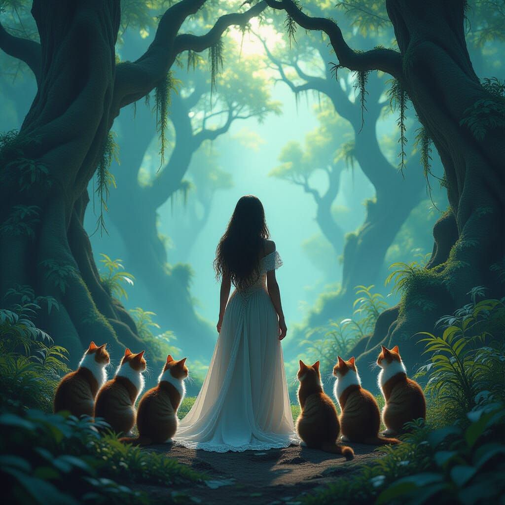 Woman & Cats in Ethereal Bioluminescent Forest