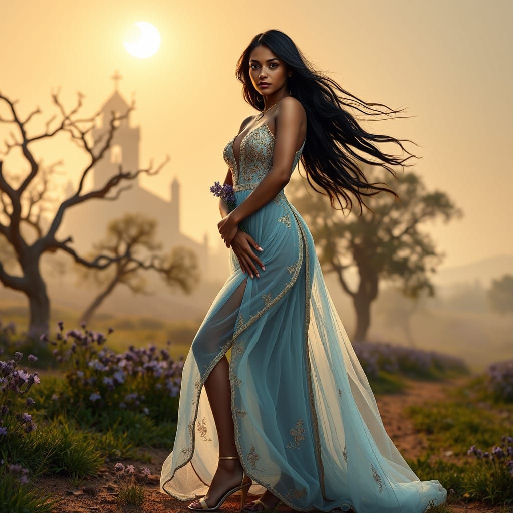 Indian Woman in Ethereal Gown Amidst Misty Landscape
