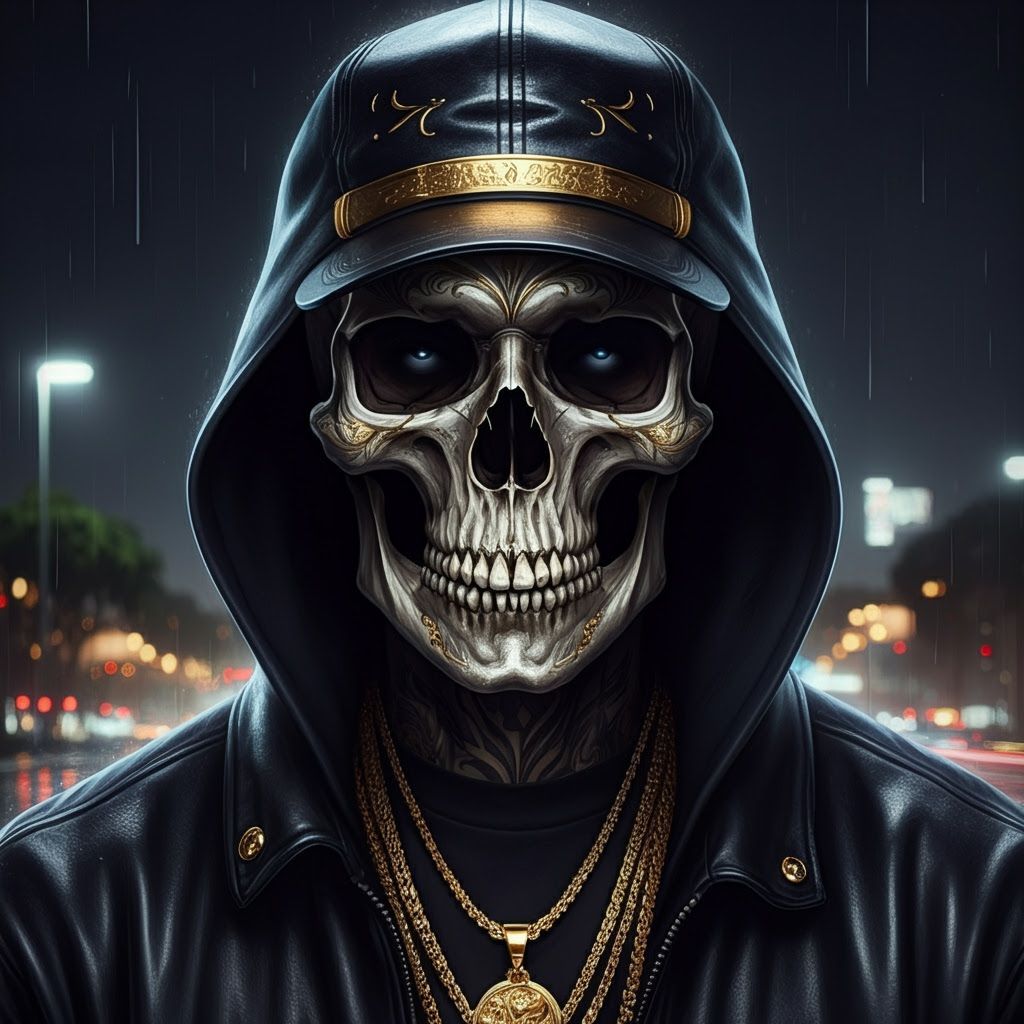 Skeleton Portrait in Leather Hoodie on Rainy LA Night