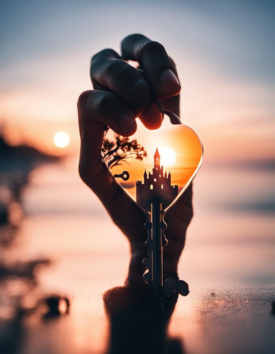 Sunset Castle Key Silhouette: Ultra Realistic Double Exposur...