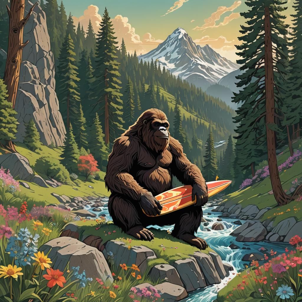 Sasquatch Surfer in Alpine Meadow, Detailed Matte Painting