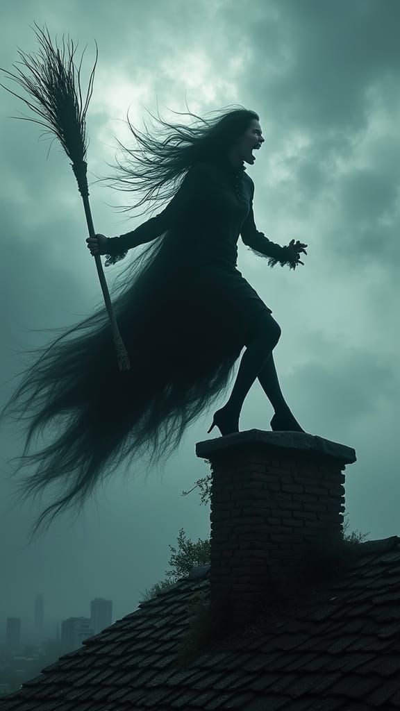 Gothic Witch Silhouette on Windswept Rooftop