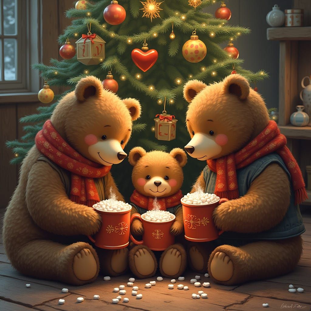 Cozy Christmas Bears Gather Around the Tree