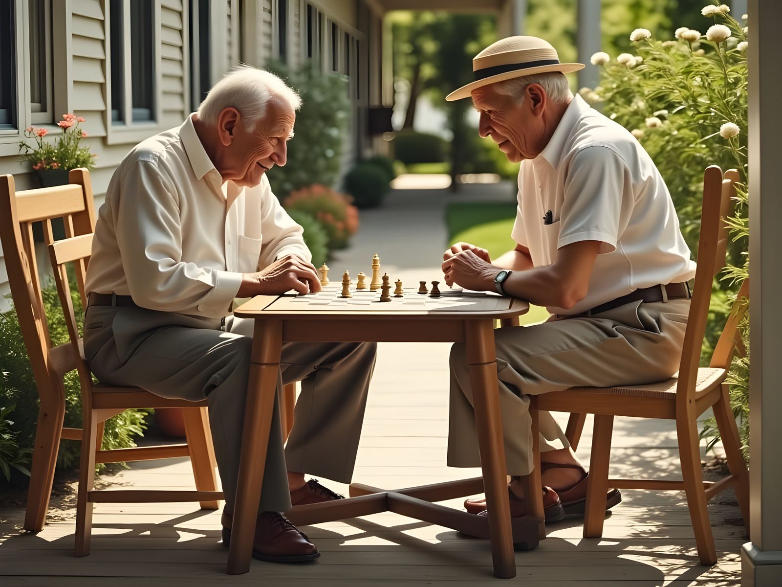 Two Friends Enjoy a Leisurely Game of Chess on a Cozy Porch