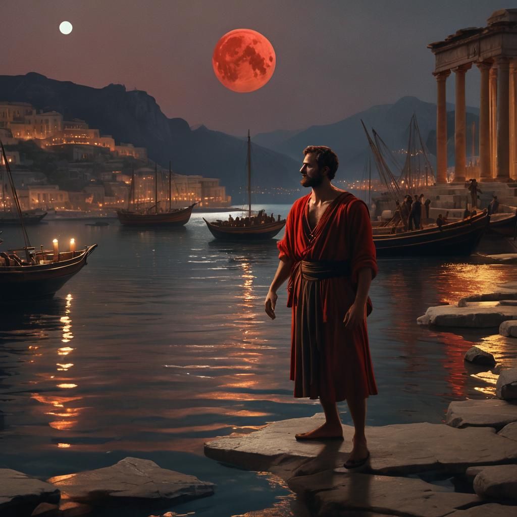Ancient Greek Port with Red Moon, Bierstadt Style