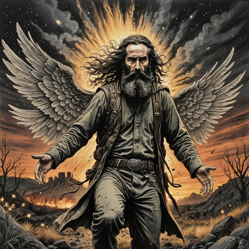 Angelic Wasteland Superhero in Charcoal Drawing