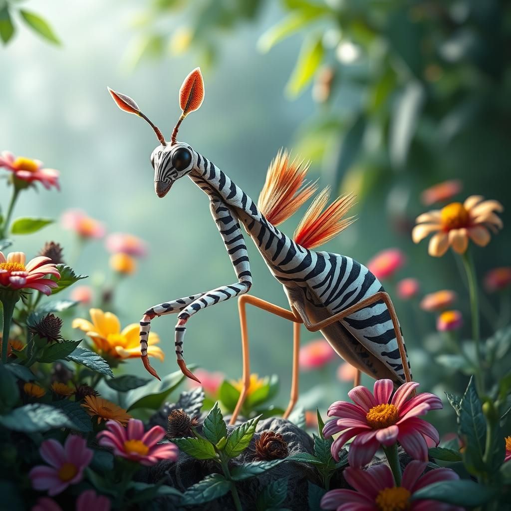 Mantis-Zebra Hybrid in Digital Painting Style