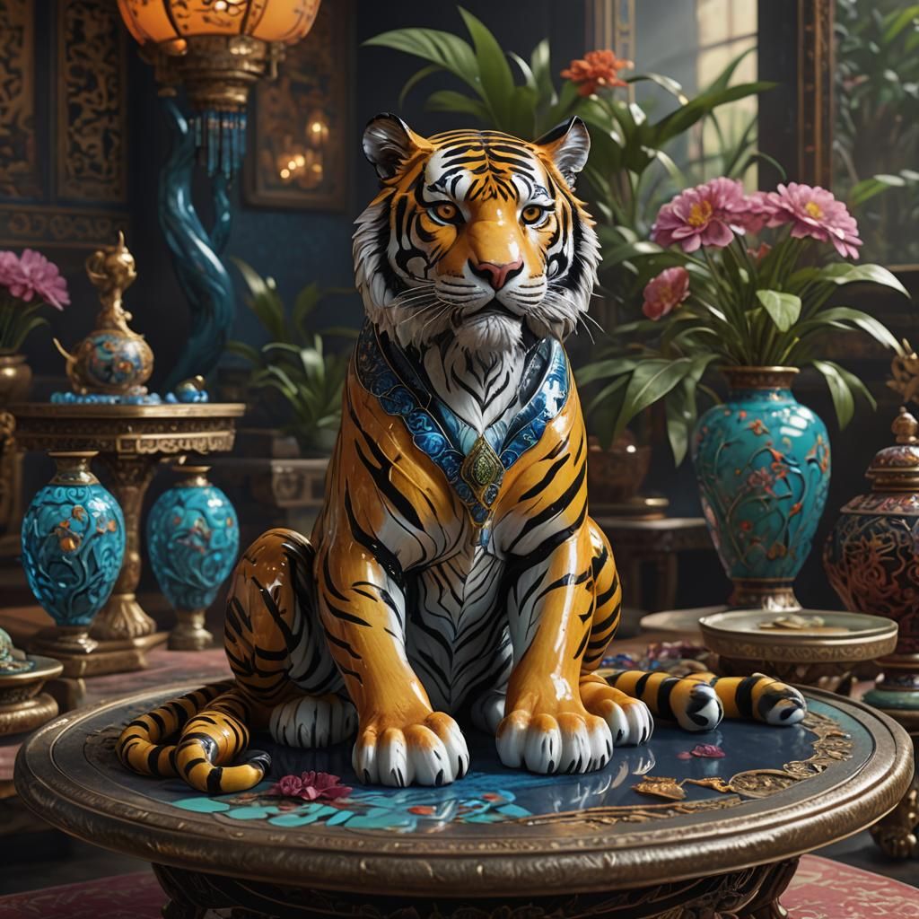 Enameled Glass Four-Tailed Tiger Figurine