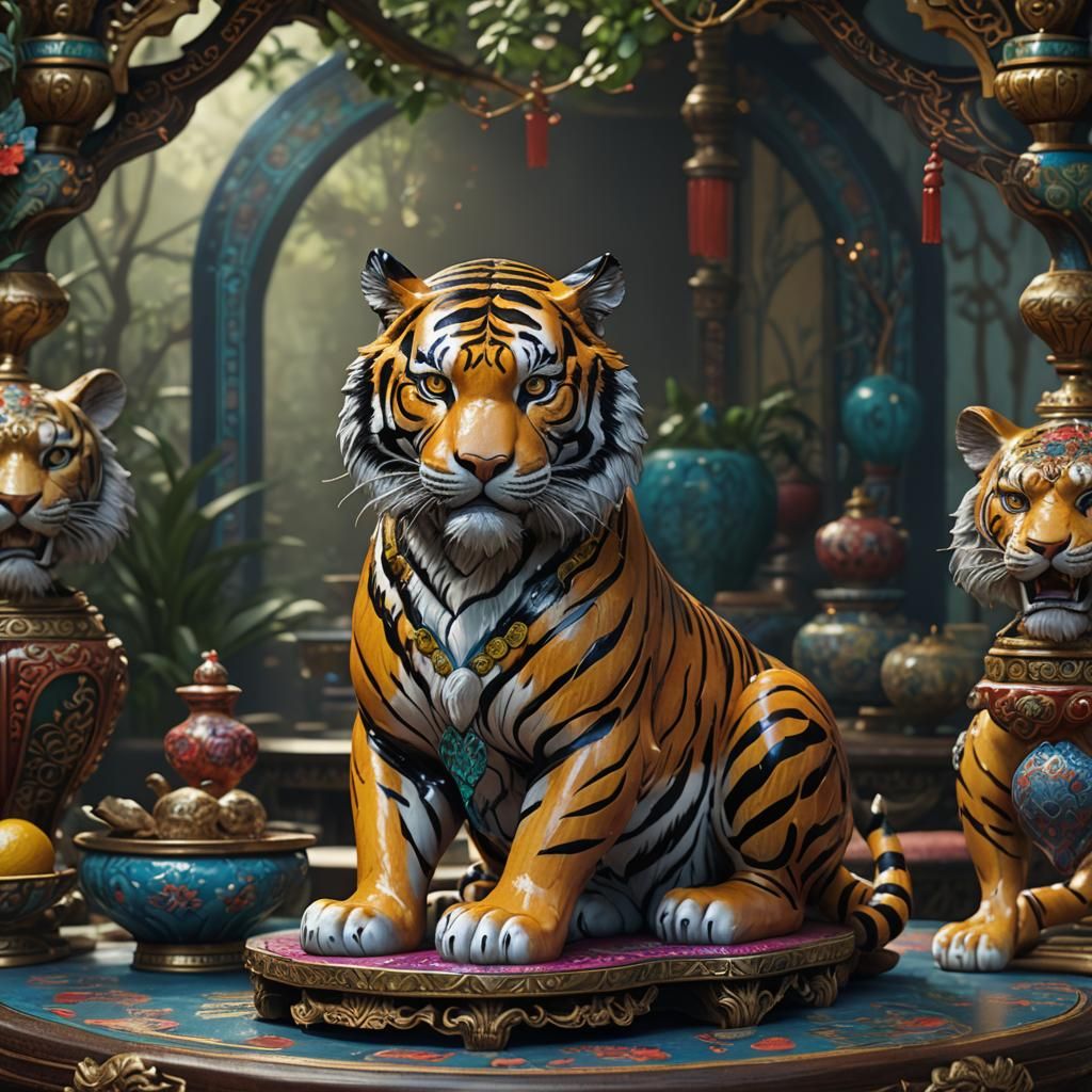 Enameled Glass Tiger Figurine on Oriental Table