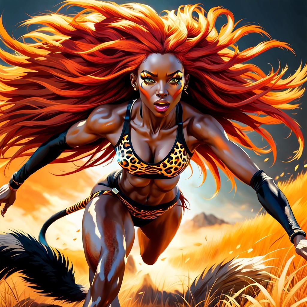 Hyperrealistic Feline Girl Running in the Savannah
