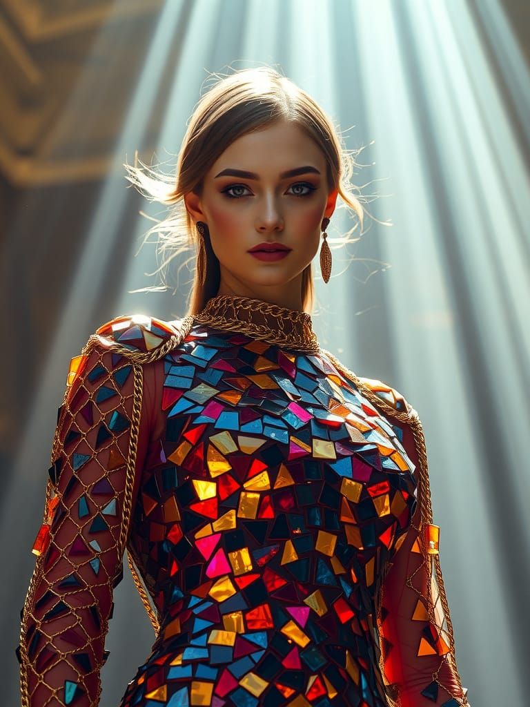 Model in Jewel-Toned Stained Glass Gown