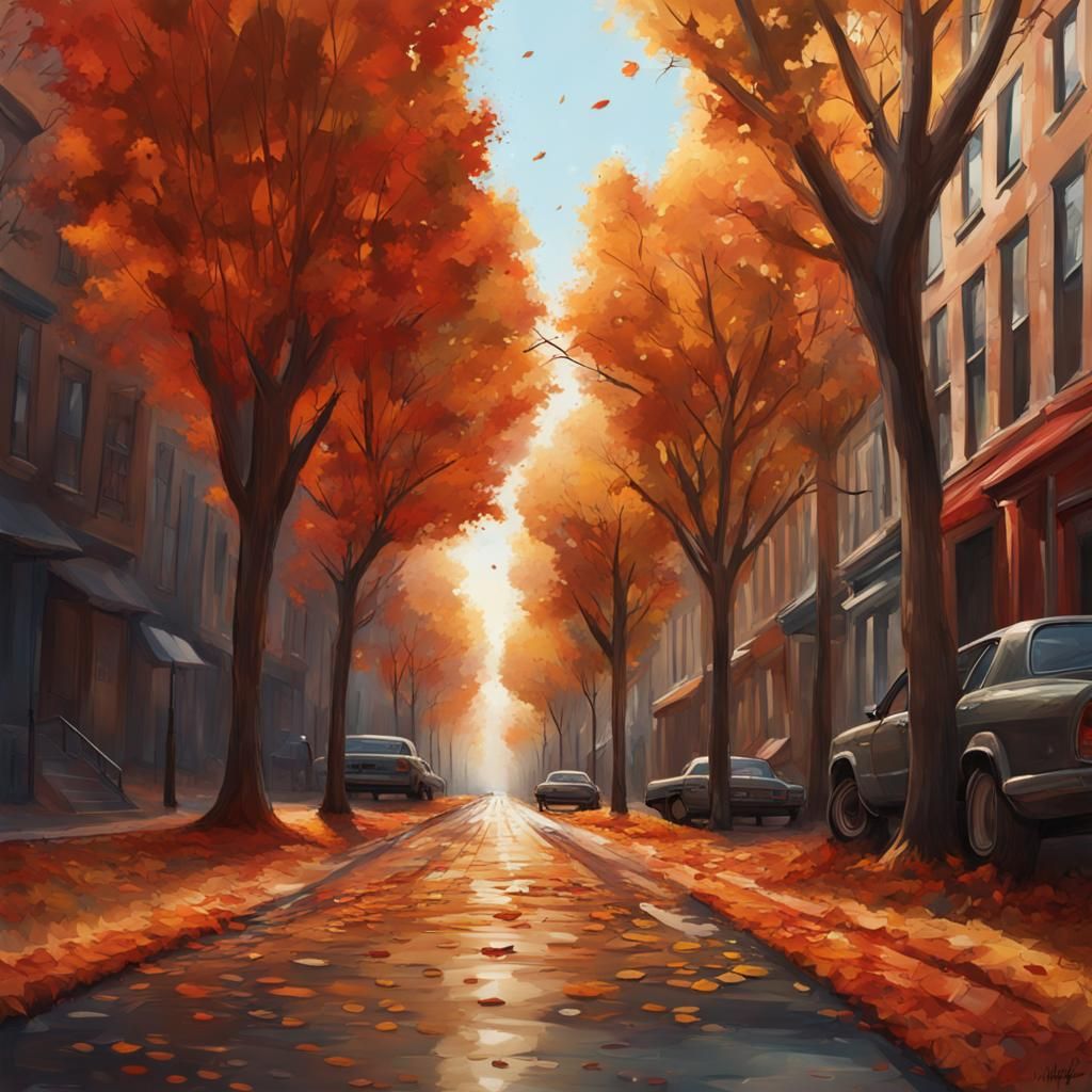 Autumn Street Scene in Hyperrealistic Splash Art