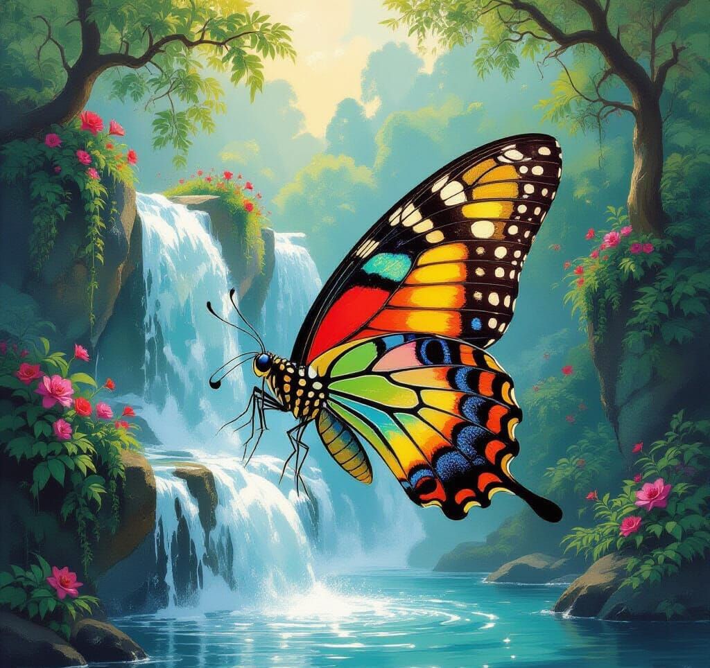 Butterfly with Filigreed Wings by Waterfall