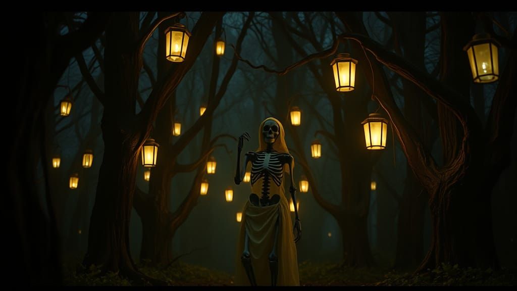 Skeletal Snow White in Eerie Forest with Hanging Lanterns