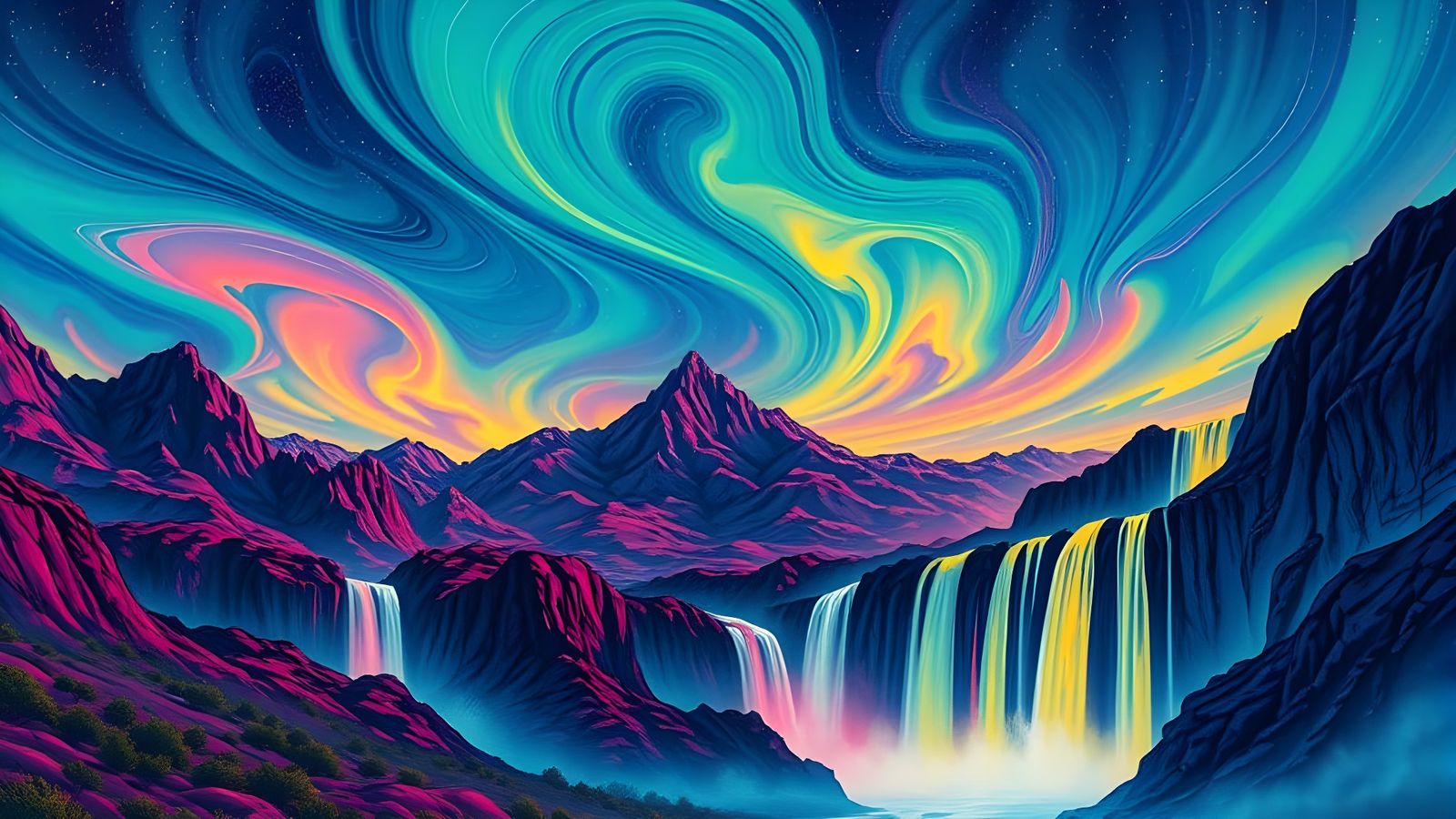 Vibrant Ink-Wash Mountainscape Under Aurora Skies