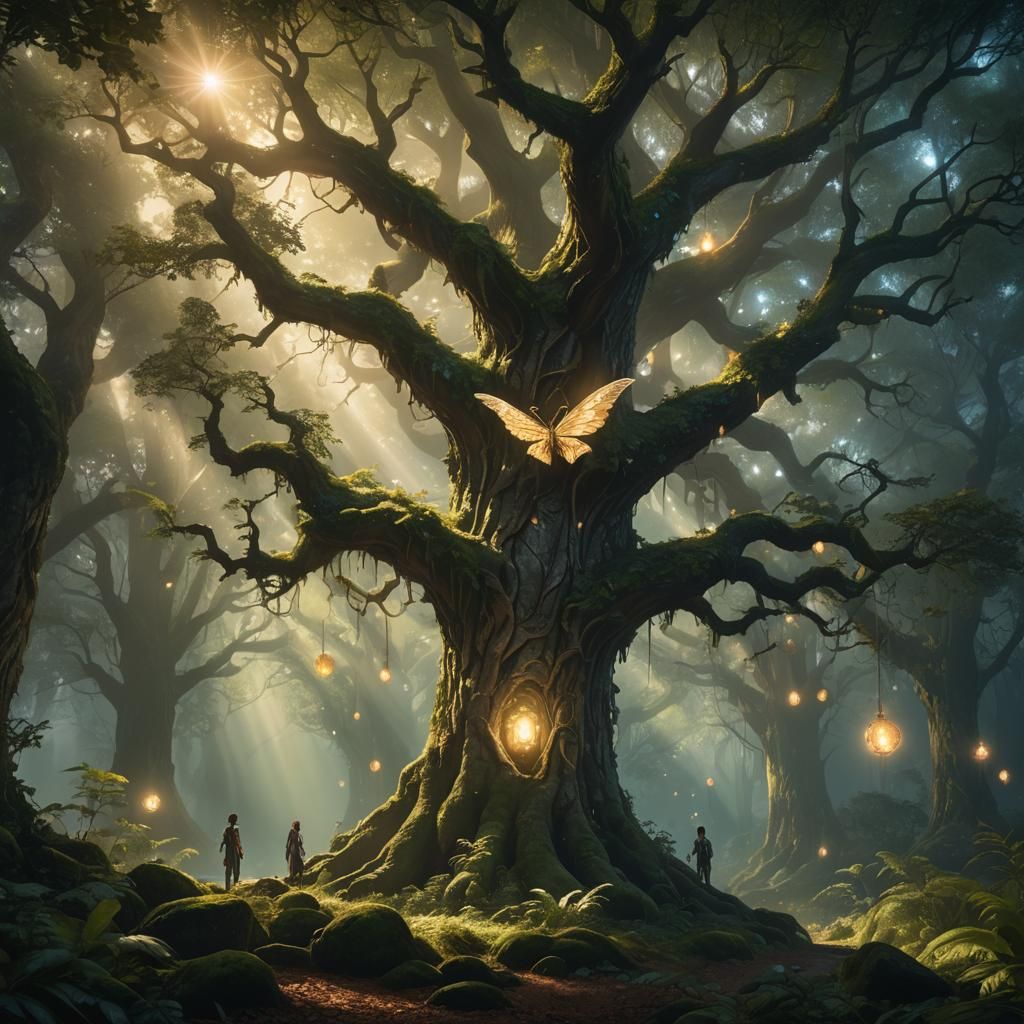 Ethereal Forest Scene with Mythical Creatures