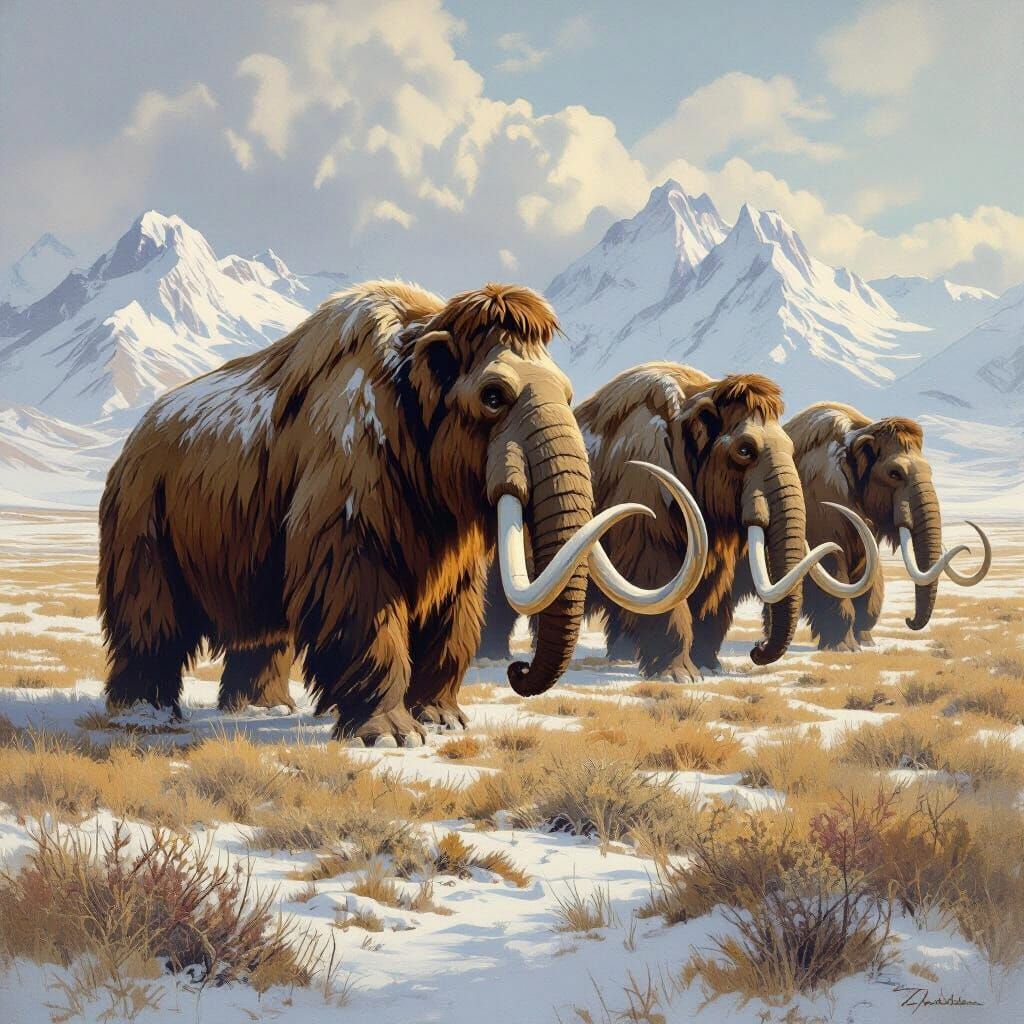 Woolly Mammoths on Snowy Steppe: Ice Age Migration