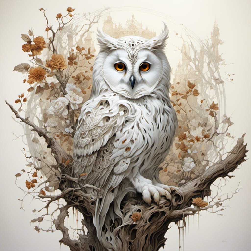 White Owl with Brown Eyes on Tree Limb