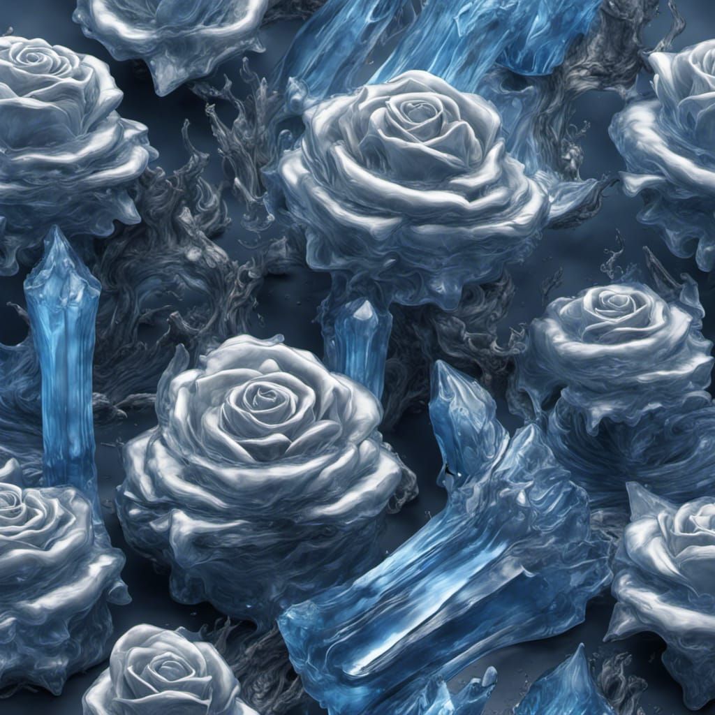 Sapphire Ice Rose Sculptures in Detailed Digital Painting