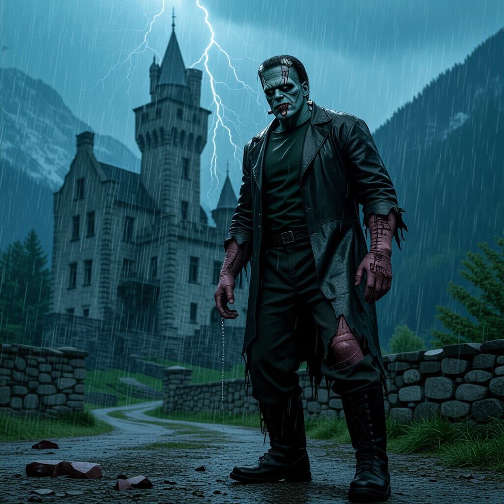Frankenstein's Monster in a Storm Outside Castle