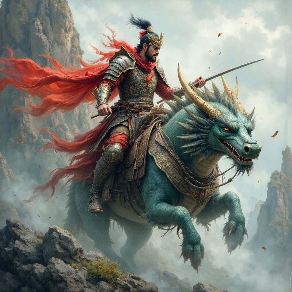 Chinese Warrior on Jade Dragon in Digital Art Style
