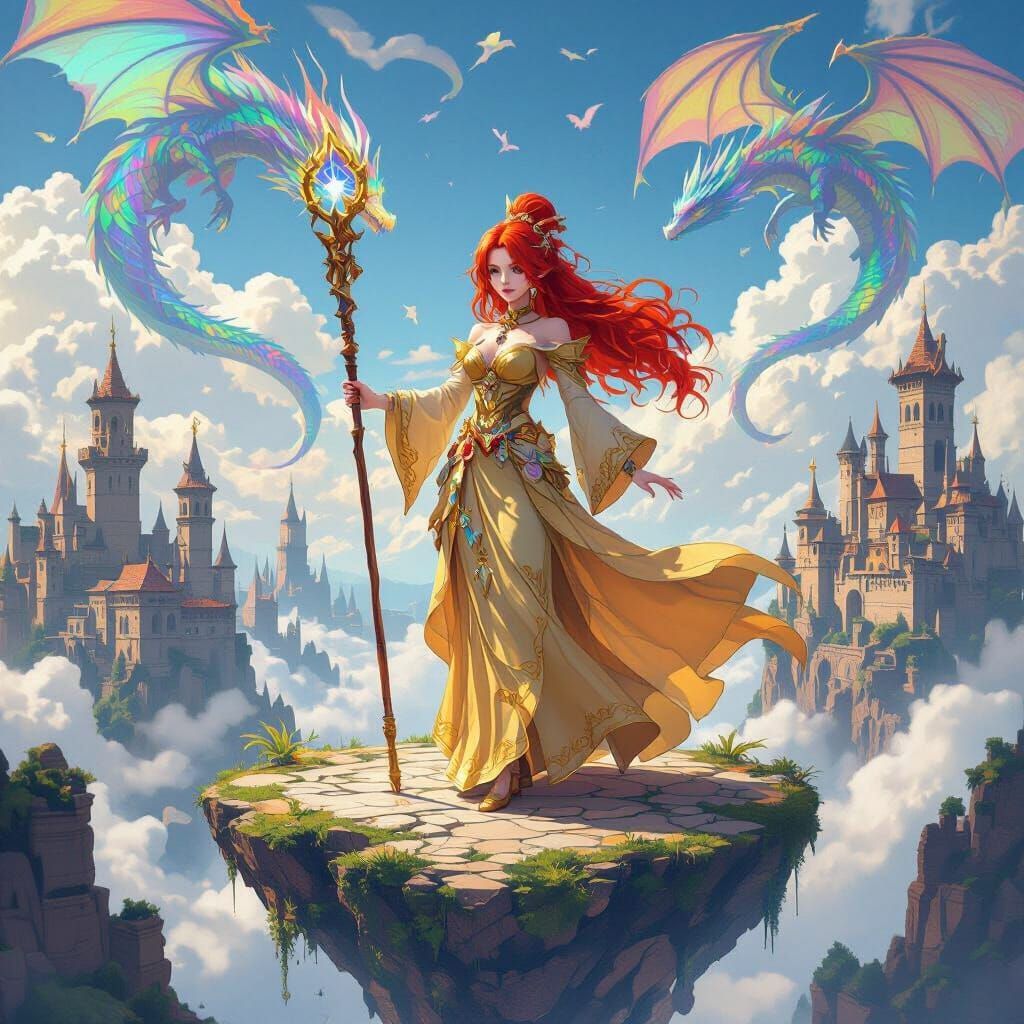 Redhead Sorceress on Floating Island in 3D Anime Style