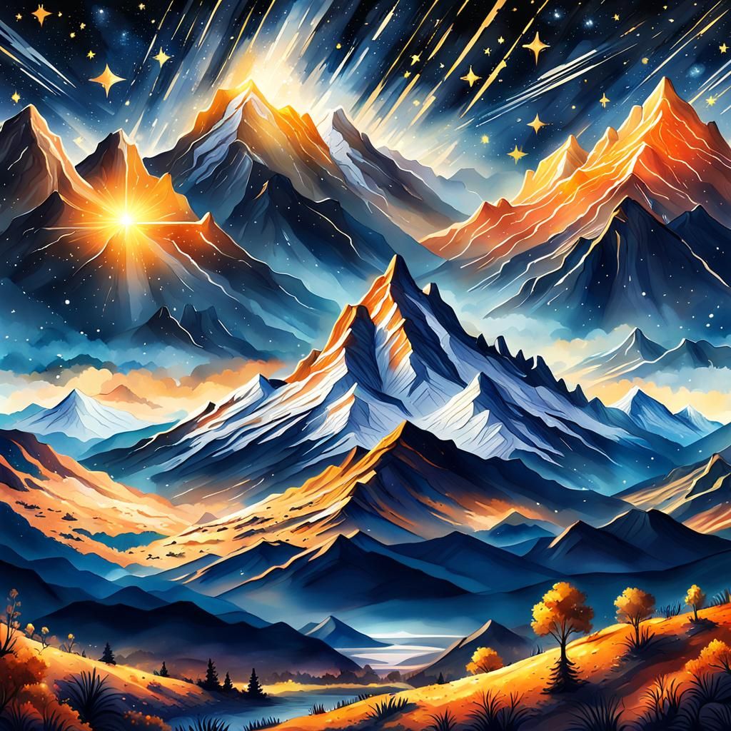 Watercolor Matte Painting of Mountains at Night