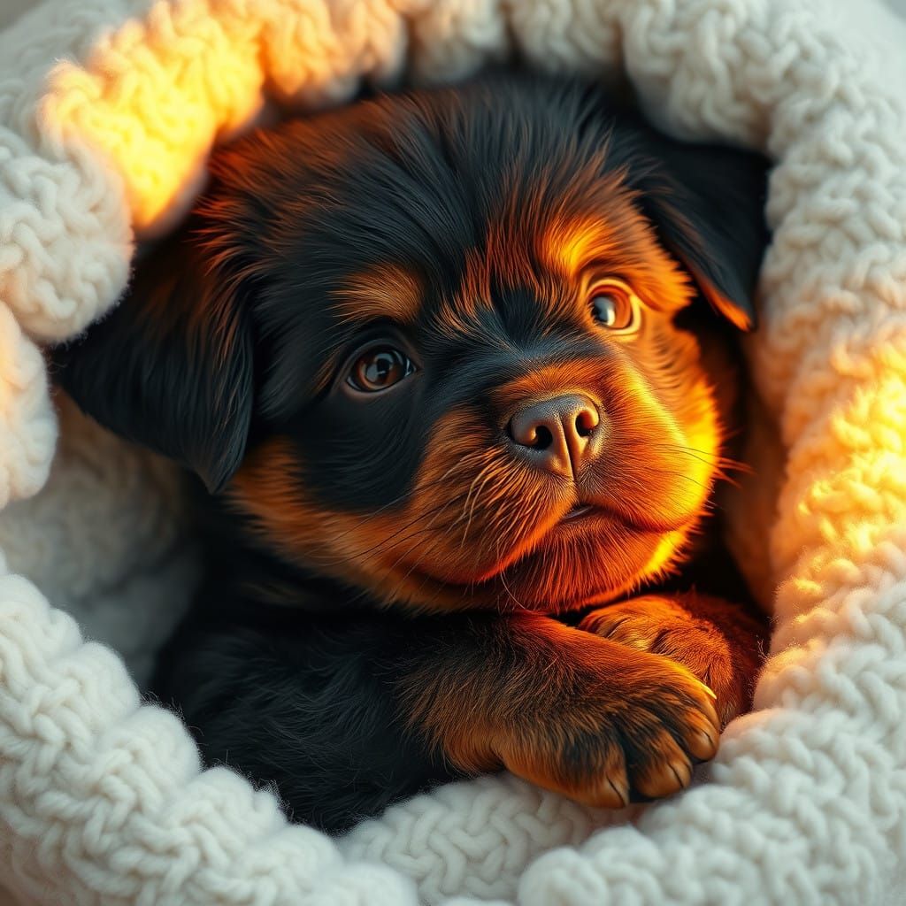 Dreamlike Fluffy Rottweiler Wrapped in a Plush Blanket