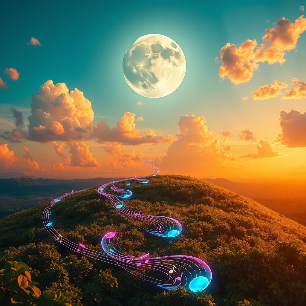 Musical Path to the Moon in Dreamlike CGI Style