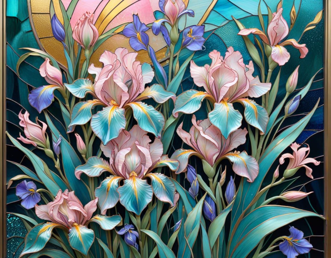 Folk Art Irises with Stained Glass Highlights
