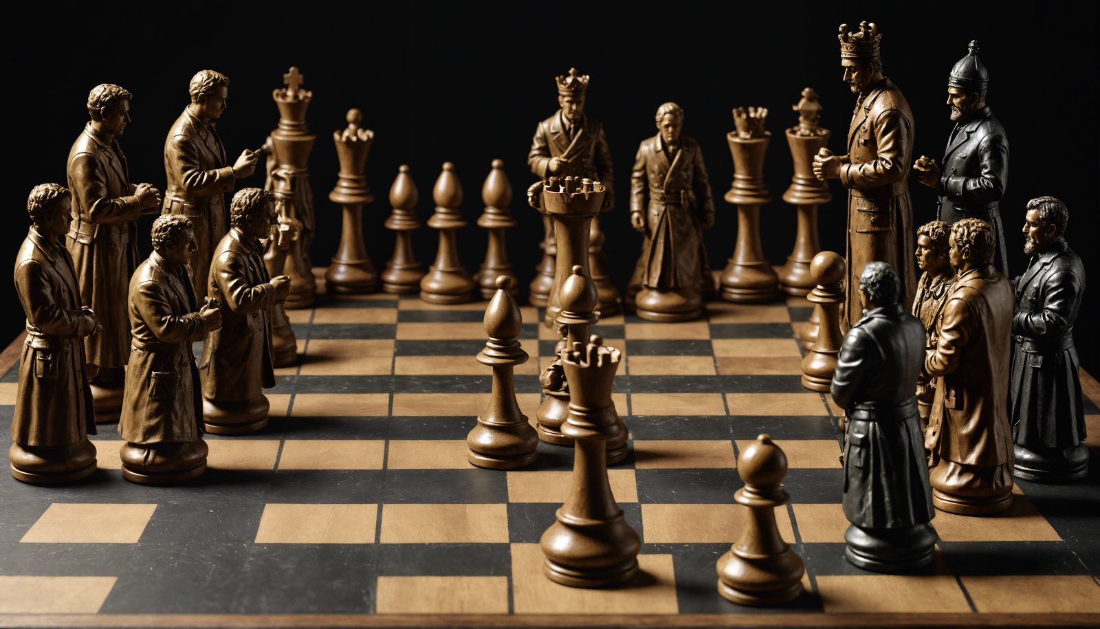Detailed Human Figures Play Chess on Black