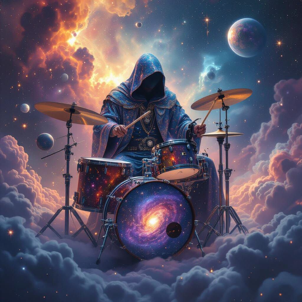 Cosmic Drummer Plays Galaxy Drums in Astral Robes