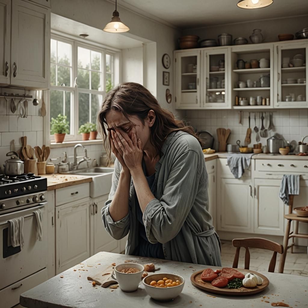 Woman Weeping in Kitchen: Detailed Matte Painting