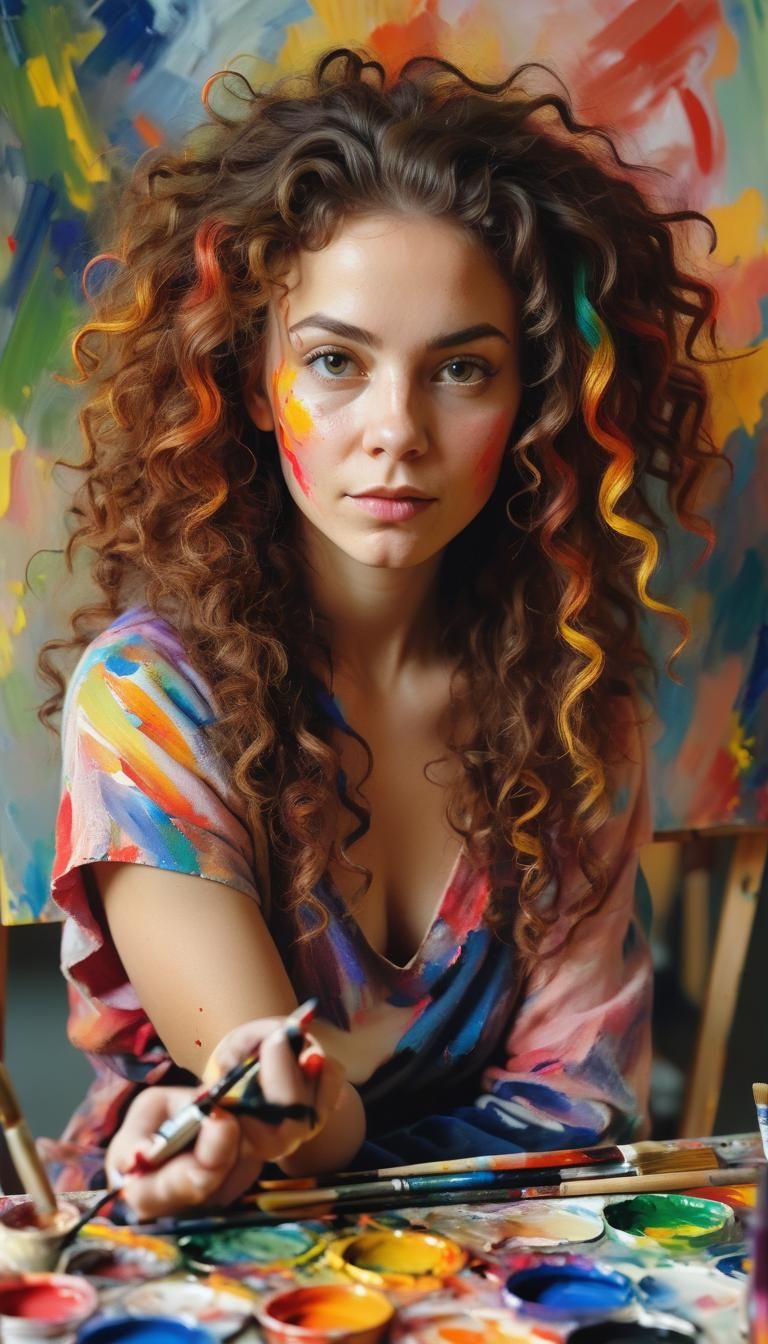 Expressive Portrait of Woman Painting in Studio