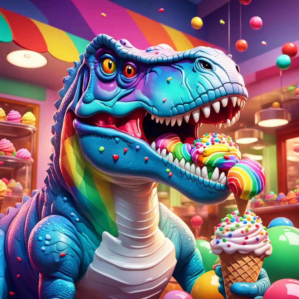 Cartoon T-Rex in Candy Shop, Digital Illustration